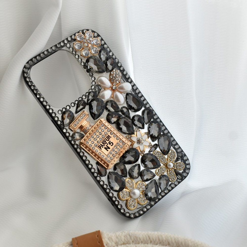 Diamond Encrusted Silicone Black iPhone case with Perfume bottle - iPhone 14/13
